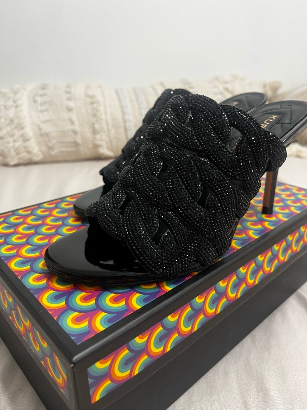 Kurt Geiger Black Beaded Braided High Heel Mules